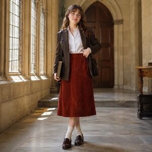 VTG Rust Corduroy Midi Skirt Womens S A Line Cottagecore Earthcore Academia 90s